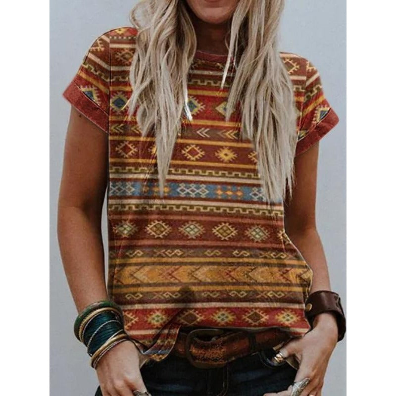 Wholesale Round Necked Polyester Western Style Printed Loose Fitting Women's T-shirts